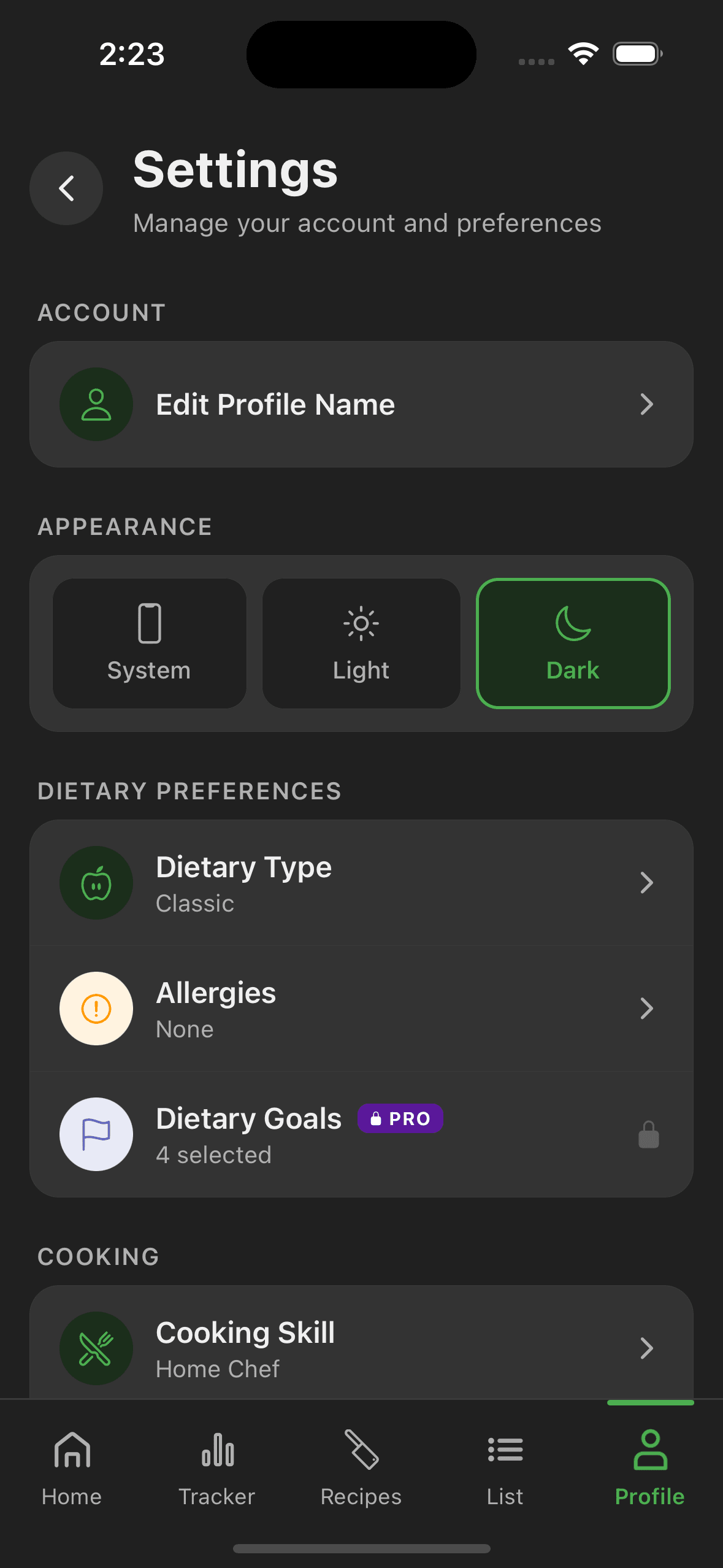 Deal Dish in dark mode — first view