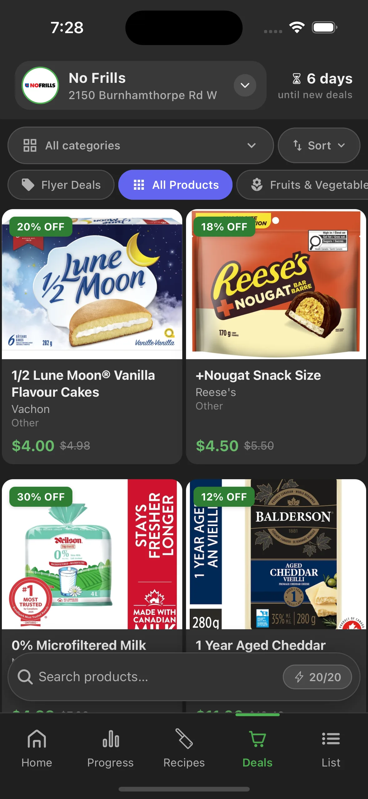 Deal Dish Deals tab in dark mode on iPhone