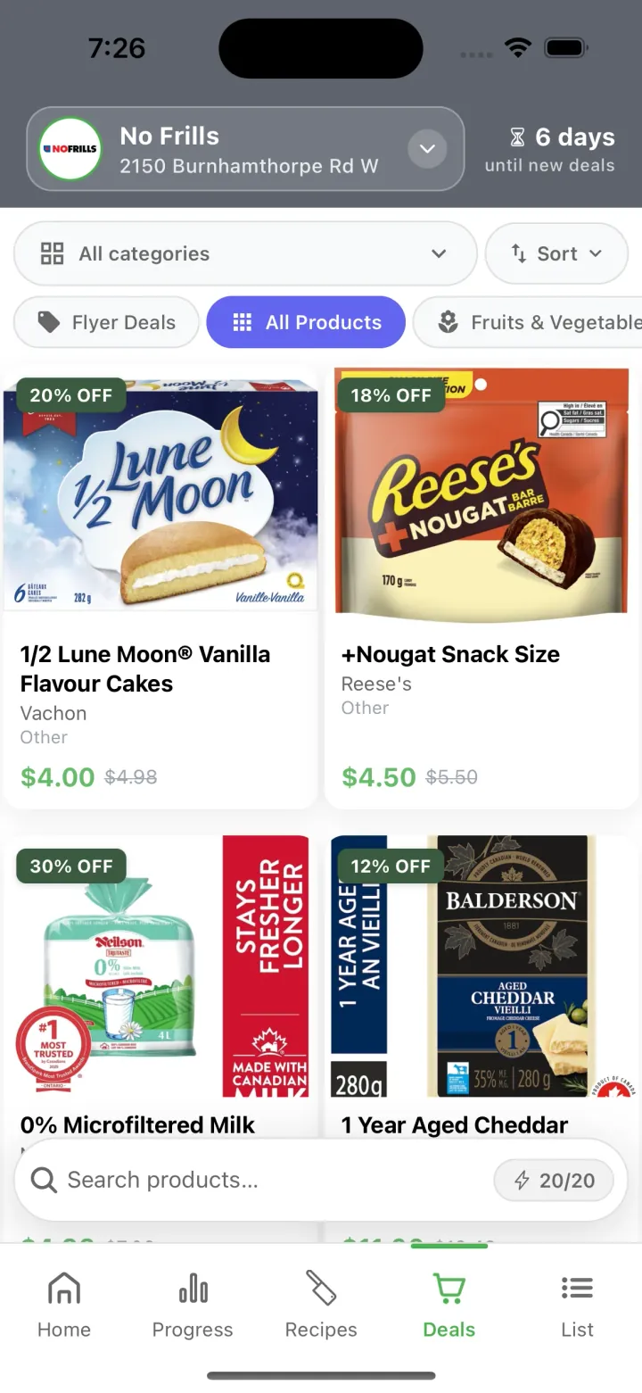 Deal Dish Deals tab on iPhone: a No Frills store selected, products shown with sale prices and percent-off badges