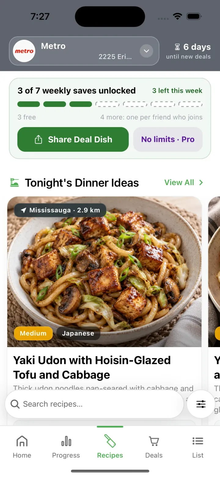Deal Dish Recipes tab on iPhone: tonight’s dinner ideas built from a Metro store’s sale items