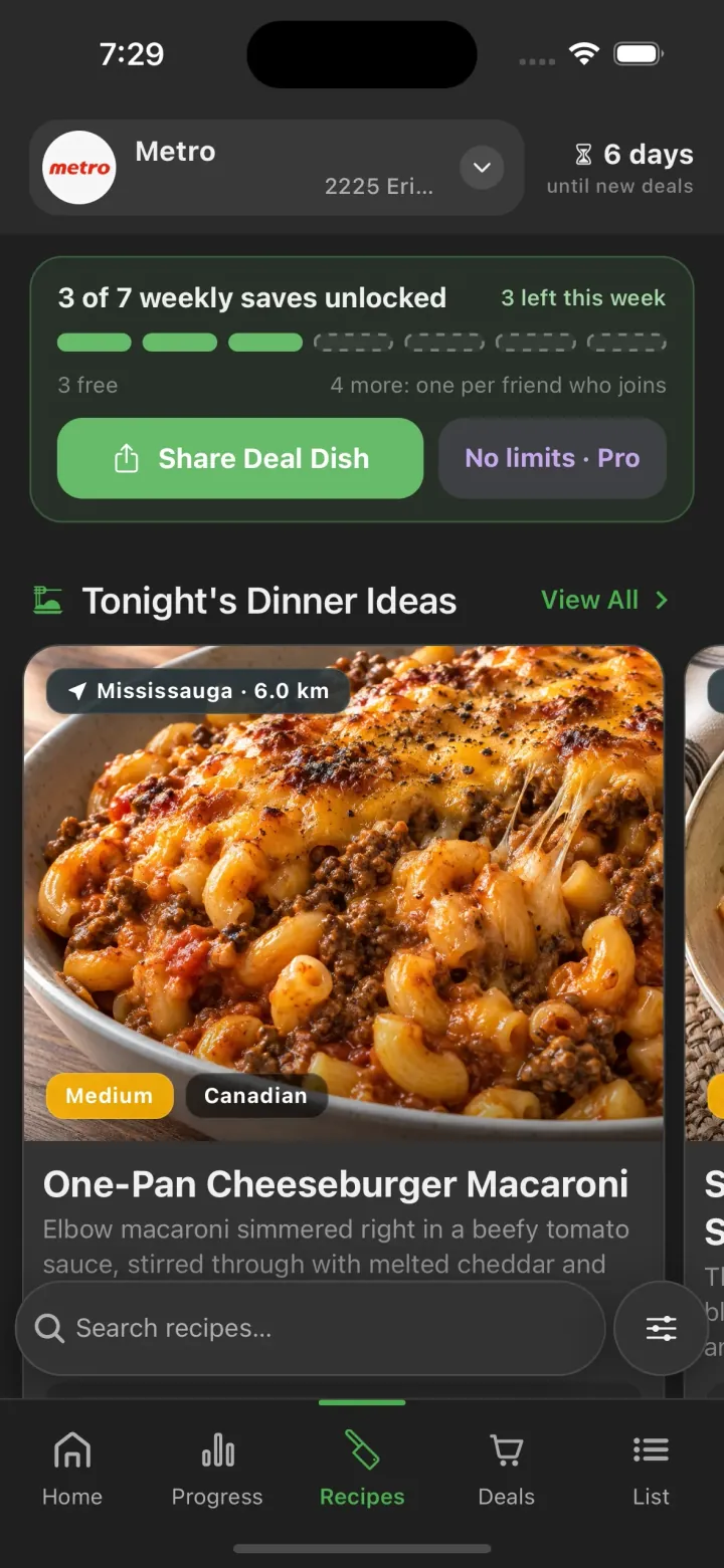 Deal Dish Recipes tab in dark mode on iPhone