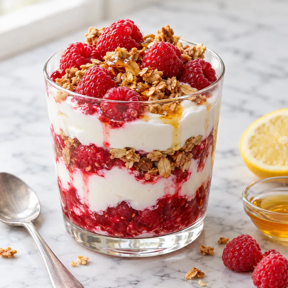 Raspberry Honey Greek Yogurt Parfaits, plated