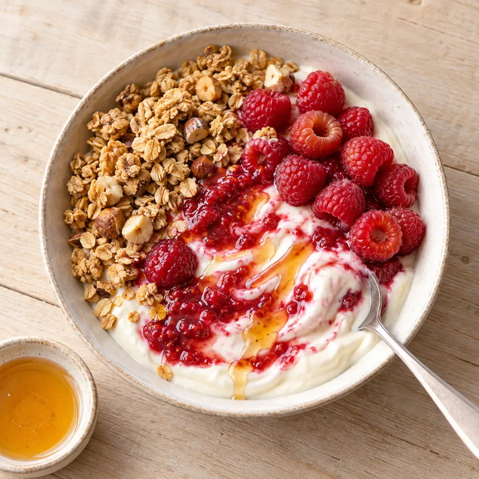 Raspberry Vanilla Yogurt Bowl with Granola, plated