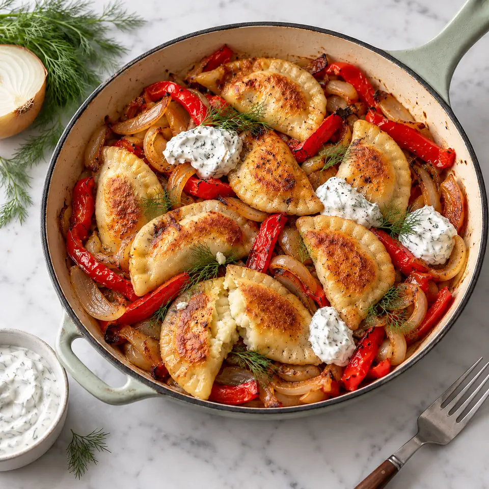 Paprika Perogies with Red Peppers & Dill Sour Cream, plated