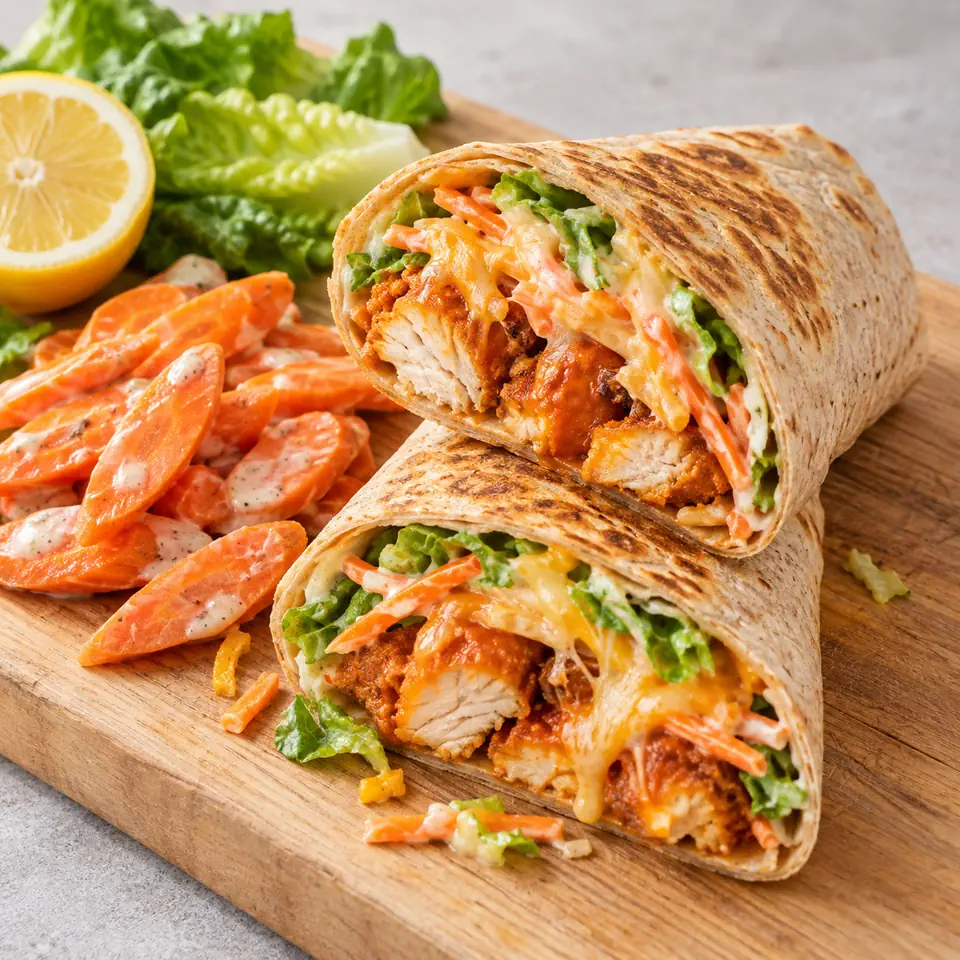 Buffalo Chicken Wraps with Ranch Carrot Slaw, plated
