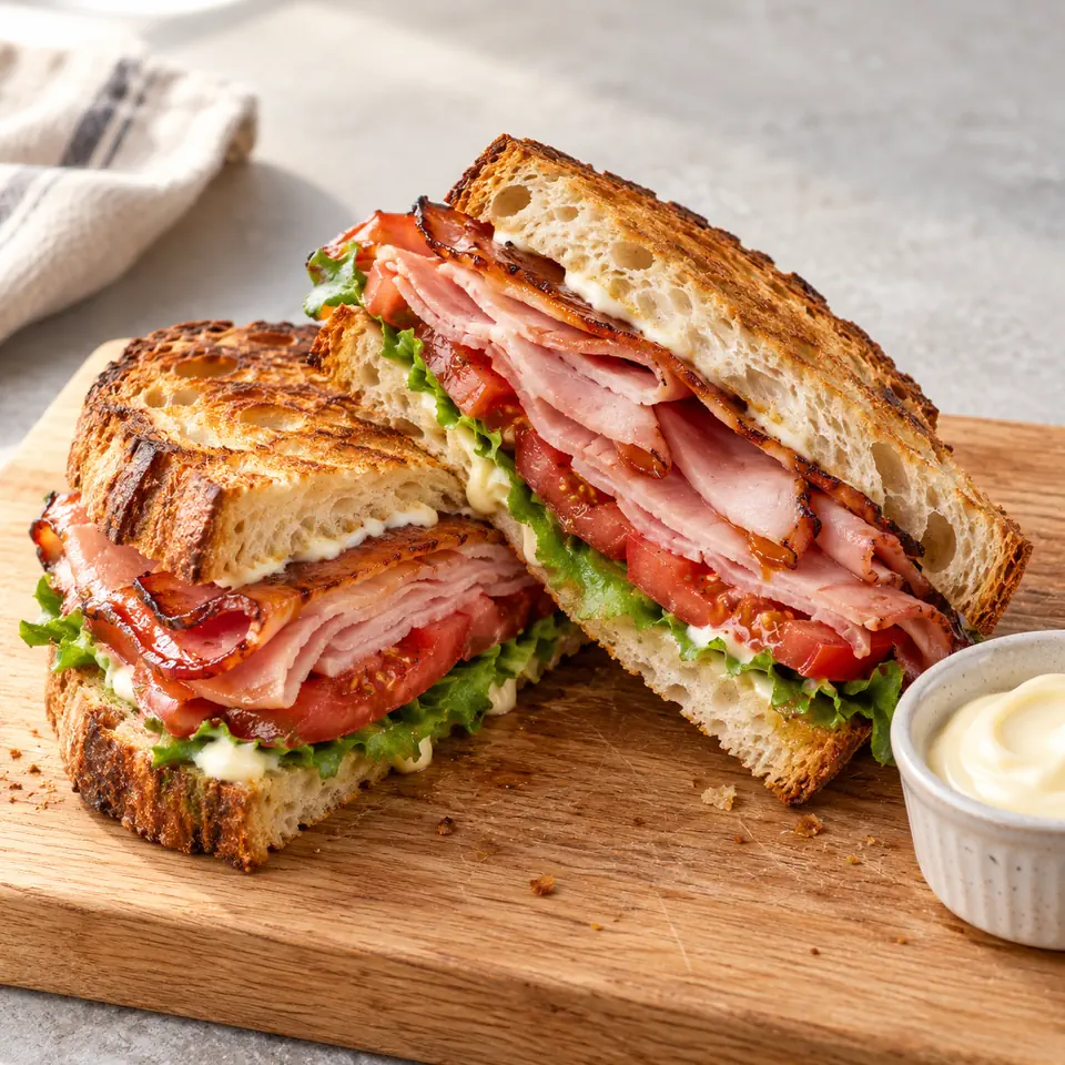 Ham and Vine Tomato Sandwiches on Toasted Sourdough, plated