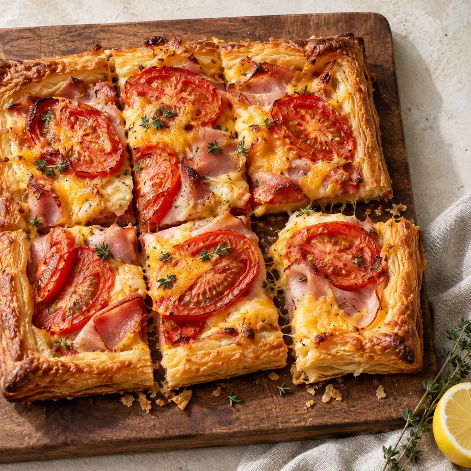 Ham & Cheddar Puff Pastry Tart with Roma Tomatoes, plated