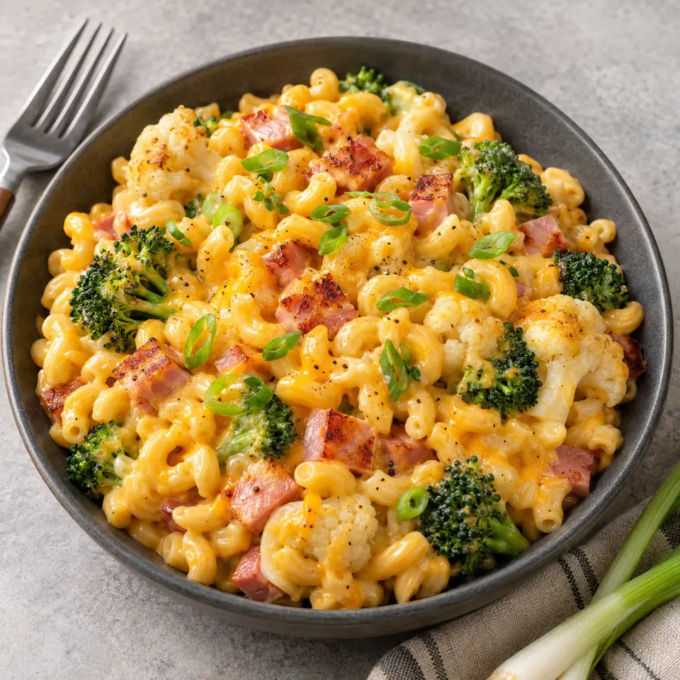 Ham and Cheddar Macaroni with Broccoli and Cauliflower, plated