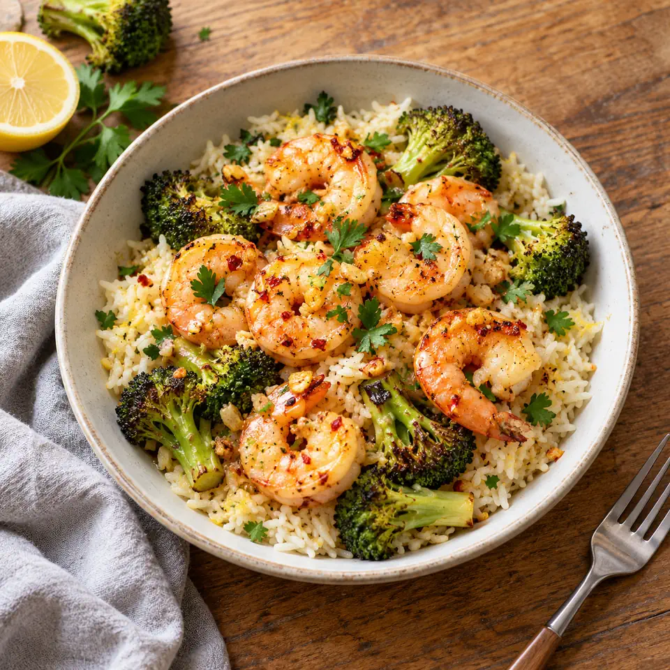 Chili-Garlic Shrimp with Roasted Broccoli & Lemon Rice, plated