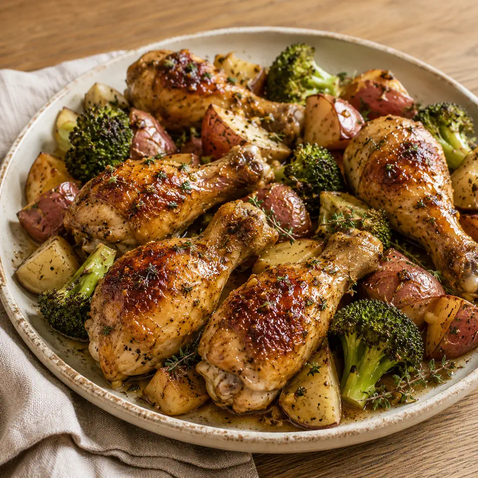 Honey-Lemon Thyme Drumsticks with Roasted Red Potatoes and Broccoli, plated