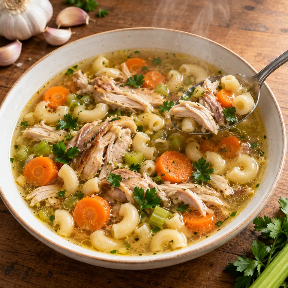 Homestyle Chicken Macaroni Soup with Carrots, plated