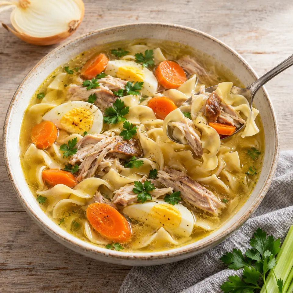 Old-Fashioned Chicken and Egg Noodle Soup, plated