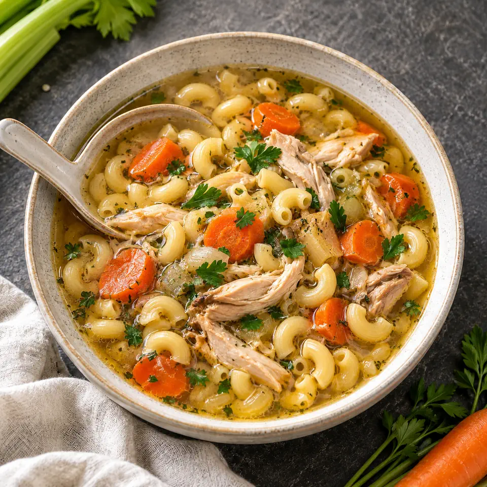 Slow-Simmered Chicken Noodle Soup with Garlic & Thyme, plated