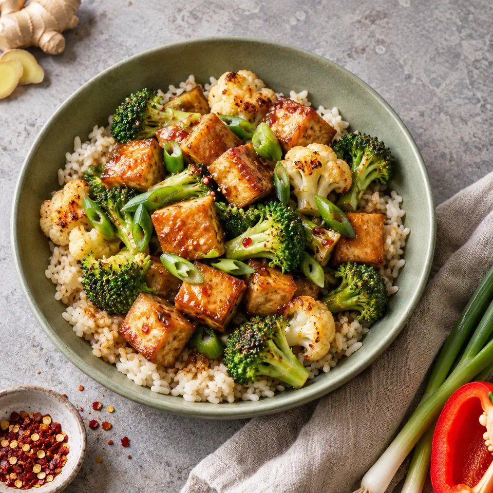 Crispy Tofu Stir-Fry with Broccoli and Cauliflower, plated